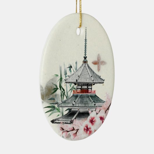 日本のお寺，竹，さくらんぼの花クリスマス セラミックオーナメント (右)