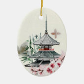 日本のお寺，竹，さくらんぼの花クリスマス セラミックオーナメント (正面)