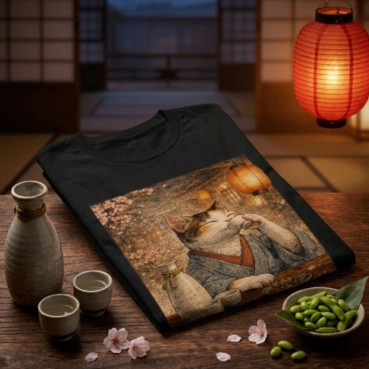 日本のお茶屋さんで日本酒を飲む猫 Tシャツ