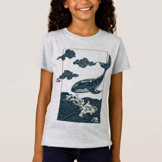 日本のかつおぶしと海の波の浮世絵アート Tシャツ (正面)