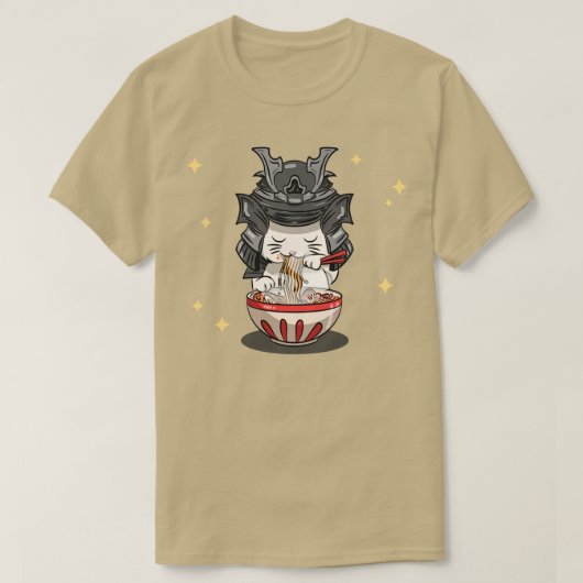 日本のかわいいサムライ猫ねこ子猫ラーメン食べ物 Tシャツ (デザイン正面)