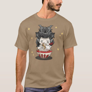 日本のかわいいサムライ猫ねこ子猫ラーメン食べ物 Tシャツ