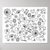 日本のかわいいドードルかわいい文化彩色ページ ポスター (正面)