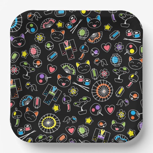 日本のかわいい文化ドードルオンブラック ペーパープレート (正面)