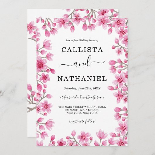 日本のさくらんぼブロッサム縁ど結婚の 招待状 (正面/裏面)