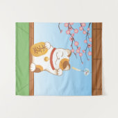 日本ので幸運な茶色のぶち猫、Maneki Neko タペストリー (正面(横))