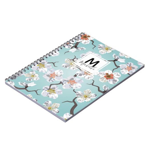 日本ので白い桜のモノグラムの文房具 ノートブック (左側)