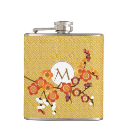 日本のなプラムは赤幾何学的な金ゴールドのオレンジ開きます フラスク