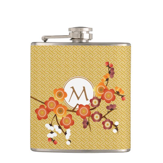 日本のなプラムは赤幾何学的な金ゴールドのオレンジ開きます フラスク (正面)