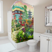 日本のな庭の塔の桜および滝 シャワーカーテン (インサイチュ)