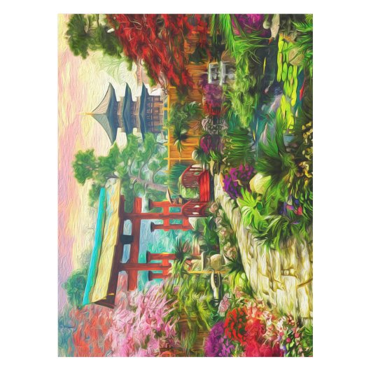 日本のな庭の塔の桜および滝 テーブルクロス (正面)