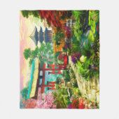 日本のな庭の塔の桜および滝 フリースブランケット (正面)