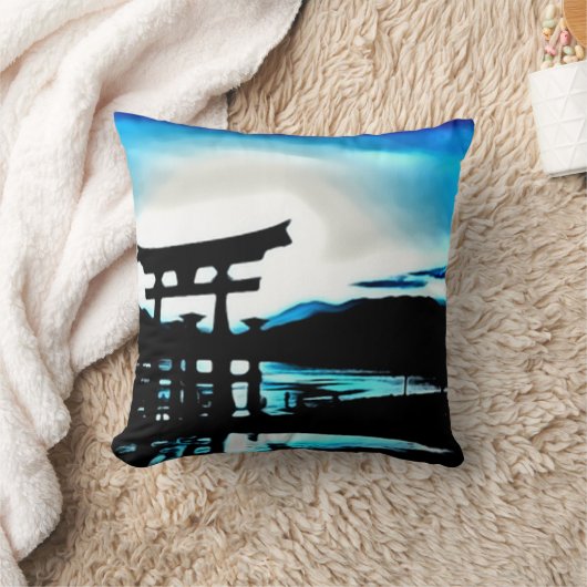日本のな日没の寺院のエアブラシの芸術 クッション (ブランケット)