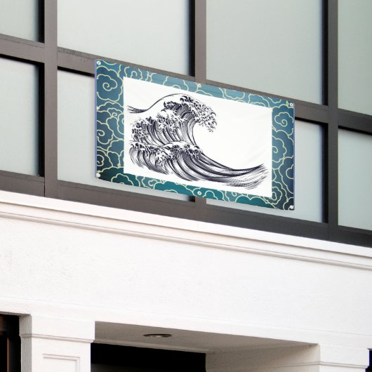 日本のな波状雲の旗 横断幕 (ビルの外側)