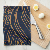 日本のな海洋波の抽象的な濃紺の金ゴールドブラウン キッチンタオル (四つ折り)
