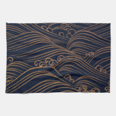 日本のな海洋波の抽象的な濃紺の金ゴールドブラウン キッチンタオル (横)