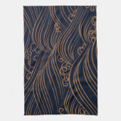 日本のな海洋波の抽象的な濃紺の金ゴールドブラウン キッチンタオル (縦)