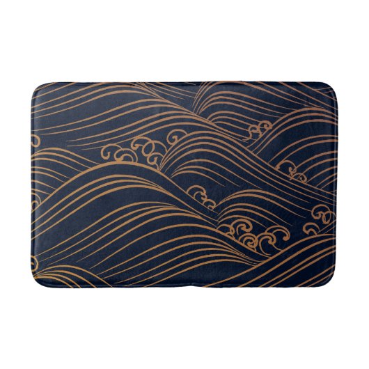 日本のな海洋波の抽象的な濃紺の金ゴールドブラウン バスマット (正面)