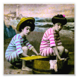 日本のな浸る美しいのヴィンテージのビーチの可愛い人 フォトプリント