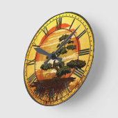 日本のな盆栽の木の日没 ラウンド壁時計 (傾斜)