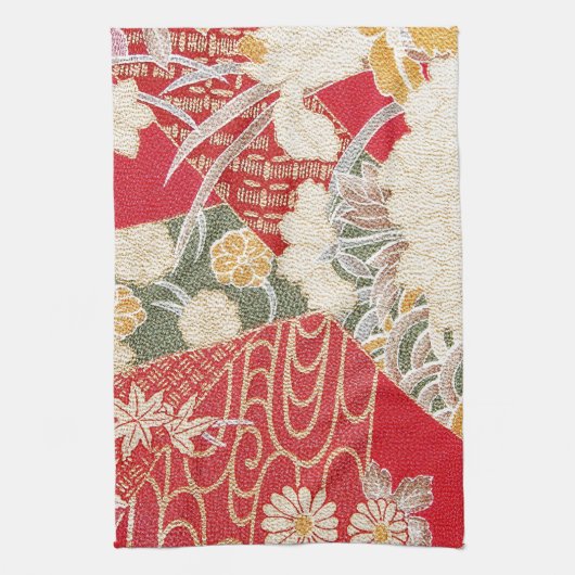 日本のな着物の織物、花パターン キッチンタオル (縦)