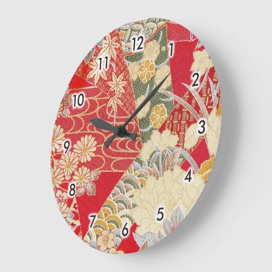 日本のな着物の織物、花パターン ラージ壁時計 (傾斜)
