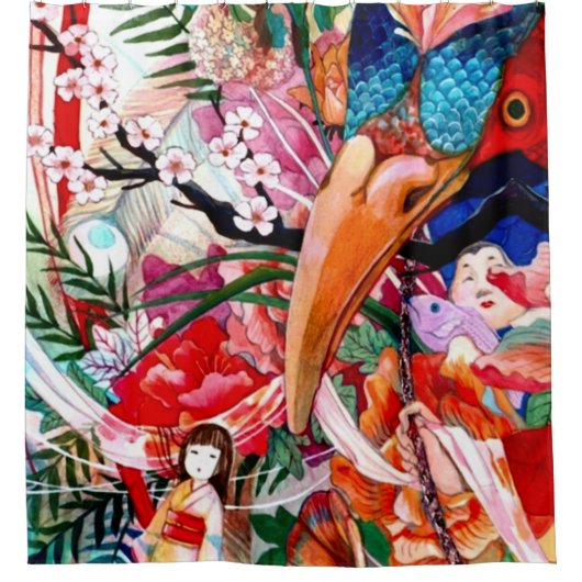 日本のな色のコラージュのシャワー・カーテン シャワーカーテン (正面)