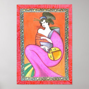 日本のな芸者の着物の女性の女の子のアートワークの絵画 ポスター