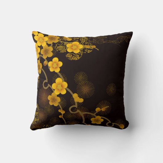 日本のな芸術の金黄色い及びこげ茶の花柄 クッション (裏面)