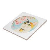 日本のな茶色のぶち猫および花 タイル (側面)