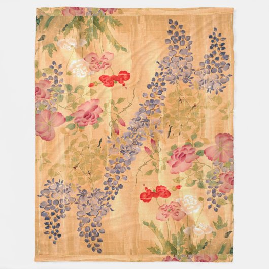 日本のな藤のバラの花の花柄の庭 フリースブランケット (正面)
