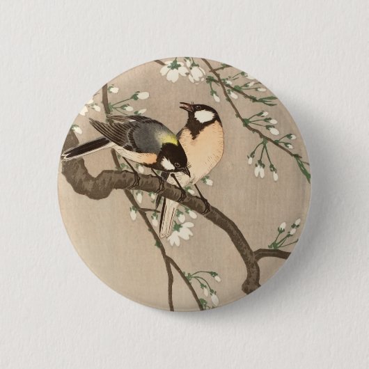日本のアジア 小原古邨 雀 メジロ さえずる鳥 缶バッジ (正面)
