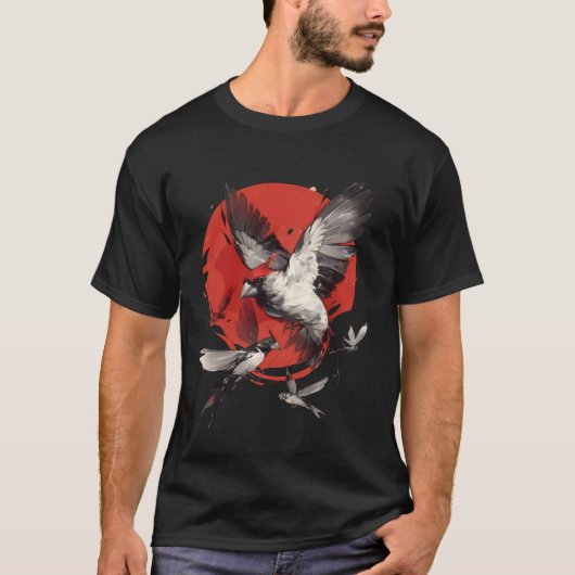 日本のカーディナルバード 赤い太陽の水墨画アート 2/3 Tシャツ (正面)