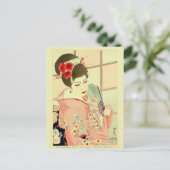 日本のクラシック芸者レディーピンク着物ファン ポストカード (スタンド正面)