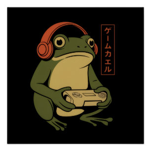 日本のゲーマーカエル 楽しい レトロゲーム ポスター