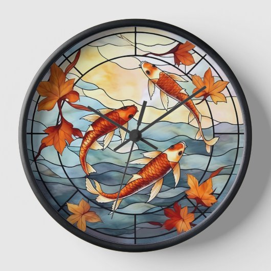 日本のコイ魚類と紅葉 壁時計 (正面)