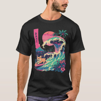 日本のコーギーのサーフィン大きな波日本のギフト Tシャツ