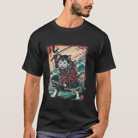 日本のサムライキャット忍者猫 Tシャツ (正面)