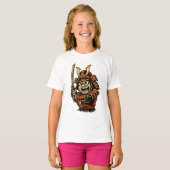 日本のサムライ戦士 赤い鎧 カートゥーンアート Tシャツ (正面フル)