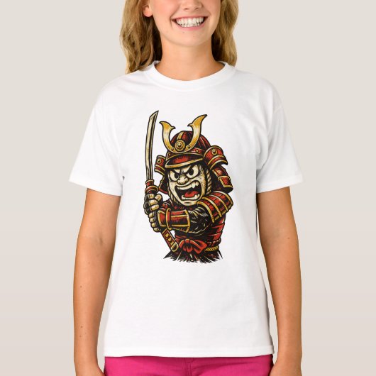 日本のサムライ戦士 赤い鎧 カートゥーンアート Tシャツ (正面)