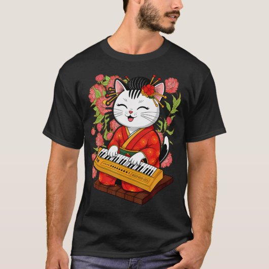 日本のサムライ猫が演奏する Tシャツ (正面)