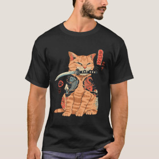 日本のサムライ 忍者 猫 かわいい タトゥーデザイン Tシャツ