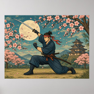日本のサムライ 満月 桜 ポスター