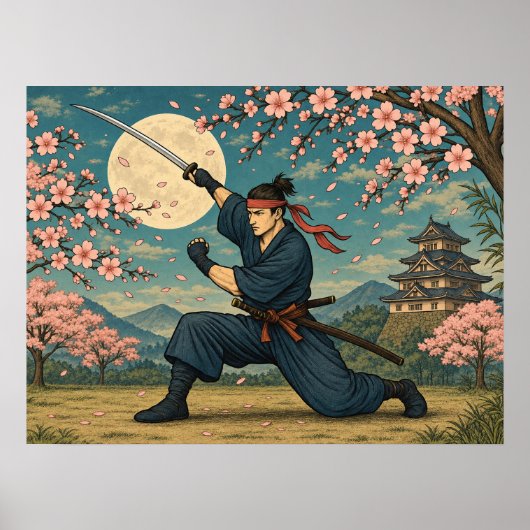 日本のサムライ 満月 桜 ポスター (正面)