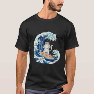 日本のサーフィン寿司を食べる猫ビンテージサーフボード Tシャツ