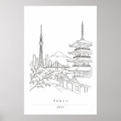 日本のスカイラインと塔のミニマリストラインアート旅行 ポスター (正面)