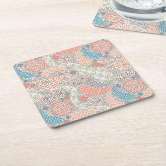 日本のスタイルパターンイラストレーション。 スクエアペーパーコースター (アングル)
