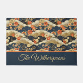 日本のスタイルレトロティール(緑がかった色)フローラ及び雲プリント ドアマット (正面)