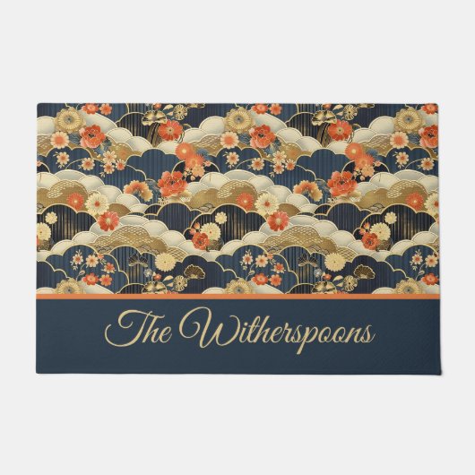 日本のスタイルレトロティール(緑がかった色)フローラ及び雲プリント ドアマット (正面)