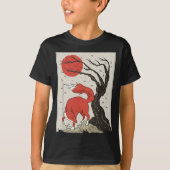 日本のスタイル絵画のキツネ、木、太陽 Tシャツ (正面)